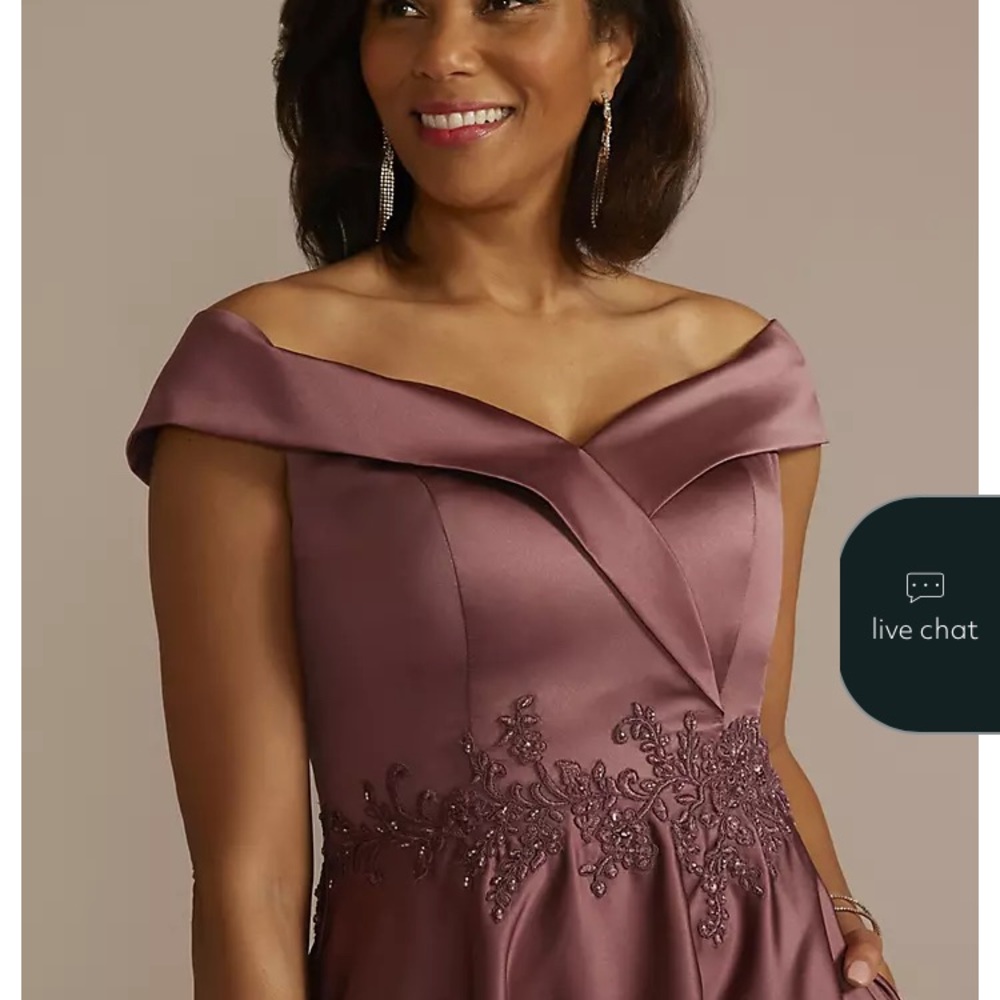 Oleg Cassini A-line Off-Shoulder Rosewood Satin Embroidered Dress